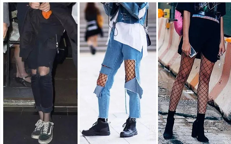 Neue Mode Weiß rot blau Frauen hohe Taille aushöhlen Strumpf Fischnetz Club Höschen stricken Netz Strumpfhosen Hosen große Mesh eng – Detail 1