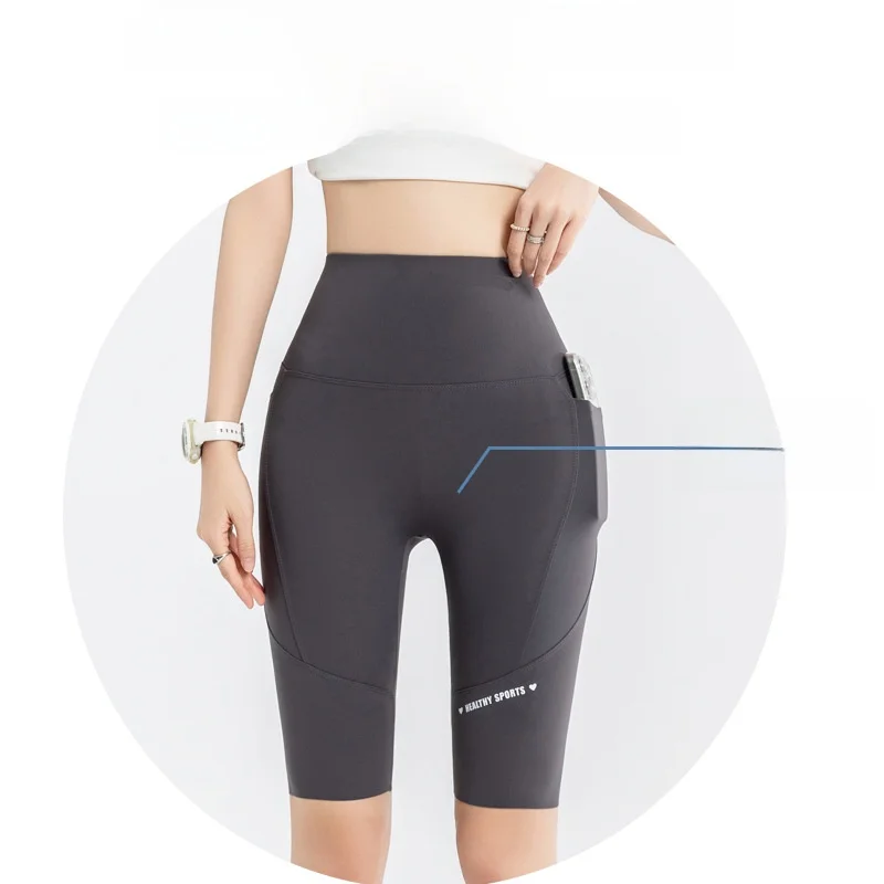 하이웨이스트 요가 팬츠 여름 얇은 5부 길이 사이클링 팬츠 이중 레이어 스킨 타이트 핏 베이스 레이어 캐주얼 팬츠