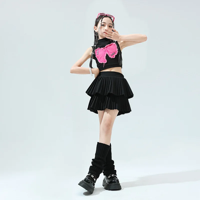 [5-17 Years Old] 2024 Girls Short Sleeve Crop Top Short Skirt Set Girls Modern Dance Jazz Dance Hip Hop Performance Costumes