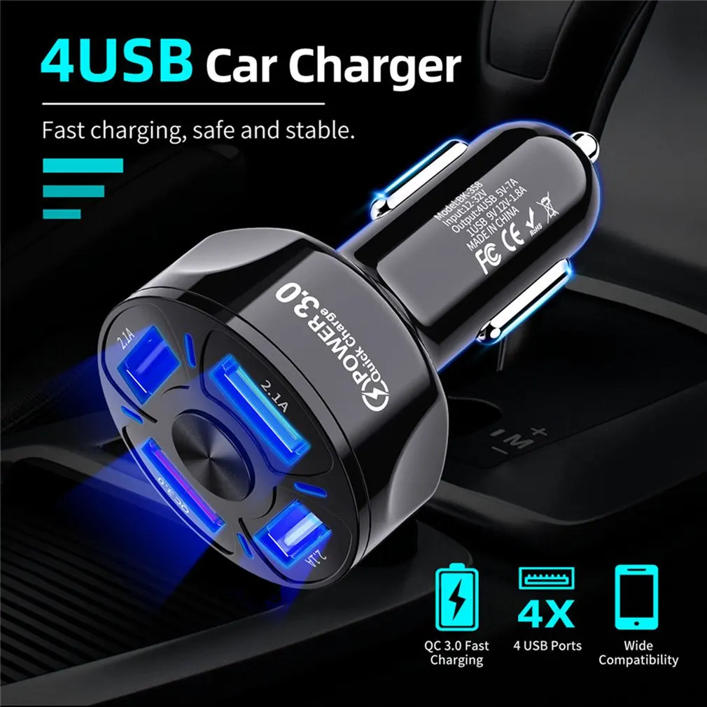 Mini 4 Ports USB Car Charger Quick 2.1A Fast Charging For iPhone Xiaomi Huawei Mobile Phone Auto Charger Adapter Dropshipping