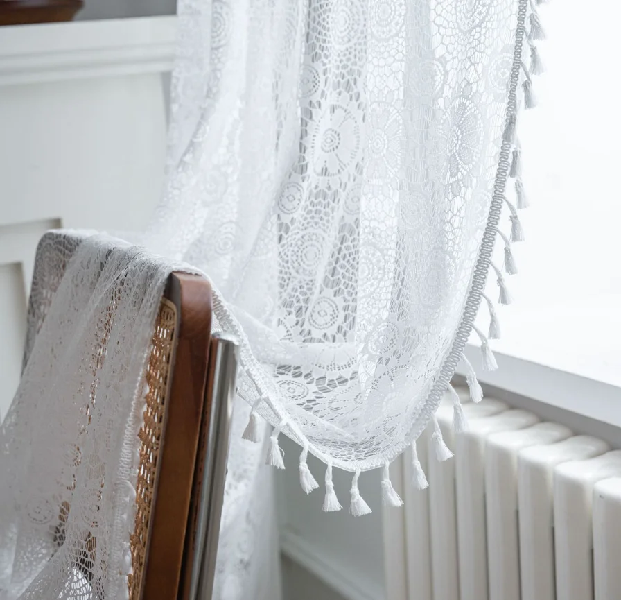 White Floral Lace Sheer Rod Pocket Curtain Panel Crocheted Lace Light Filtering Curtains for Living room bedroom