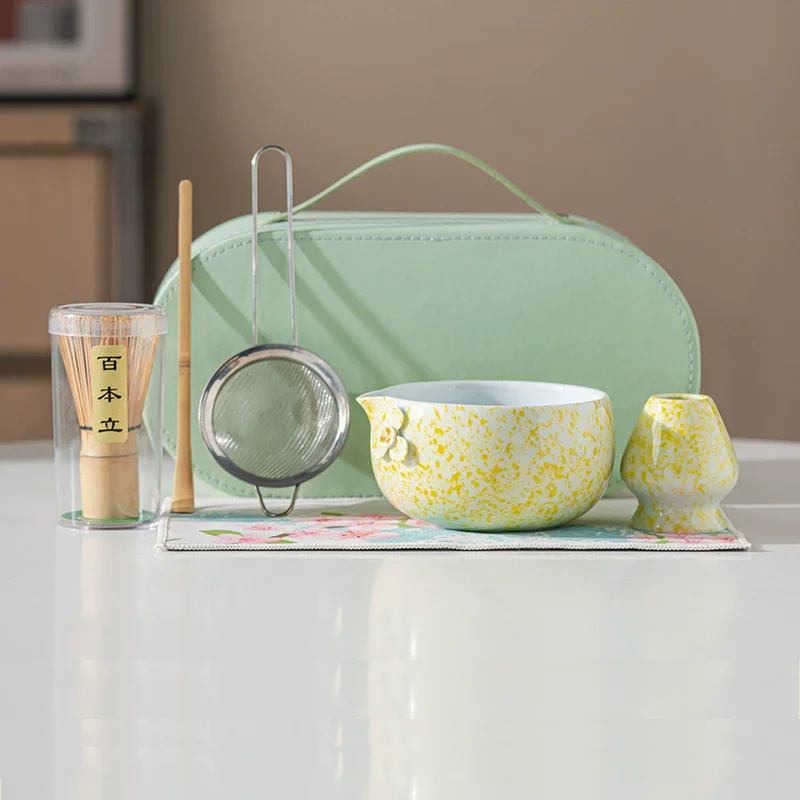 

6pcs Ceramic Matcha Bowl Set with Bag Portable Kit Includes Bamboo Whisk Chasen Bamboo Scoop & Tools for Japanese Tea Ceremony