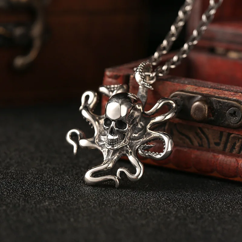 silver personalized trendy silver skull necklace pendant men's and women's trendy Thai silver personalized skull octopus pendant