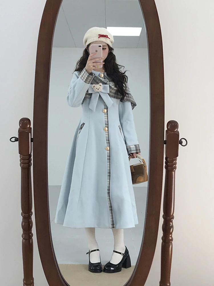 الكورية Sle الحلو حجم صغير الخصر Cinched التخسيس معطف الصوف المرأة شتاء جديد طويل منقوشة الربط معطف ألياف البوليستر