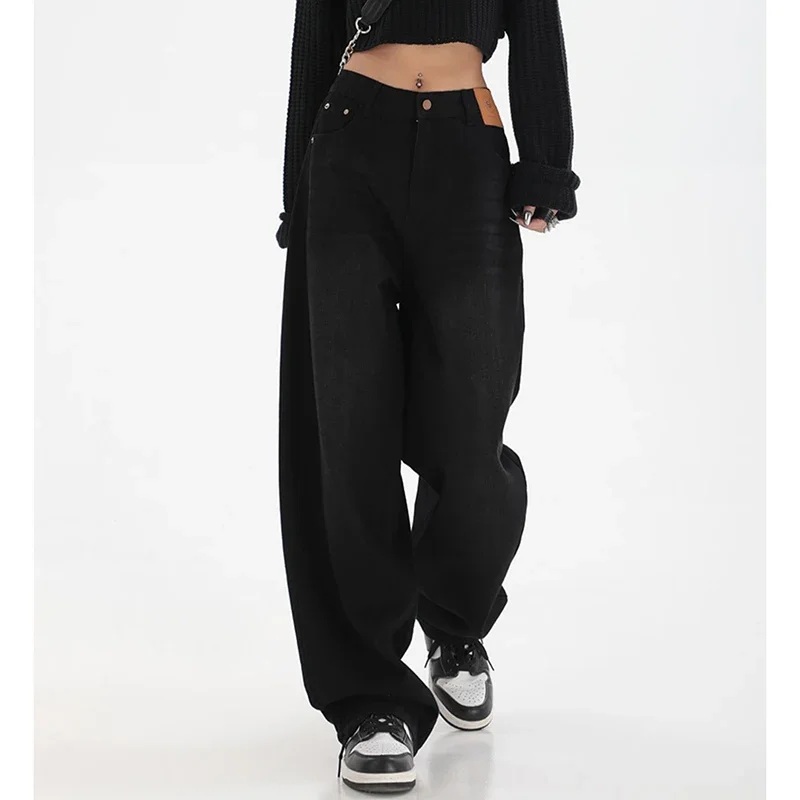 Damskie jeansy retro z prostymi nogawkami, klasyczne spodnie dżinsowe z wysokim stanem, damskie koreańskie spodnie streetwearowe typu baggy
