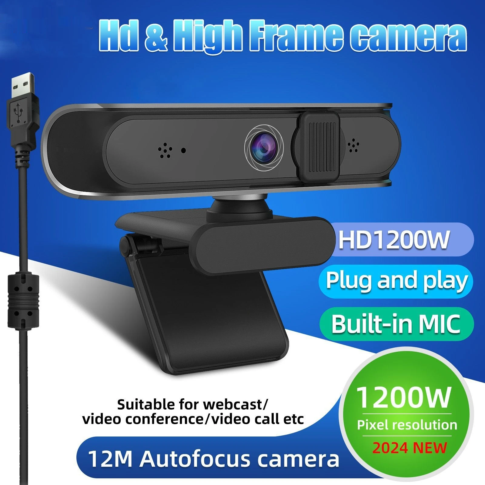 HD 카메라 1200만 자동 초점 소음 감소 마이크 라이브 화상 통화 회의 PC 웹캠에 적합한 60 프레임
