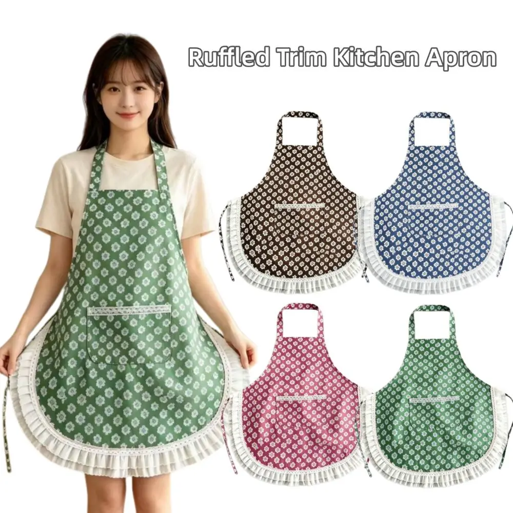 New Lace Design Ruffled Trim Apron Stain-proof Breathable CookingApron Canves Small Flowers Household Apron Home Use