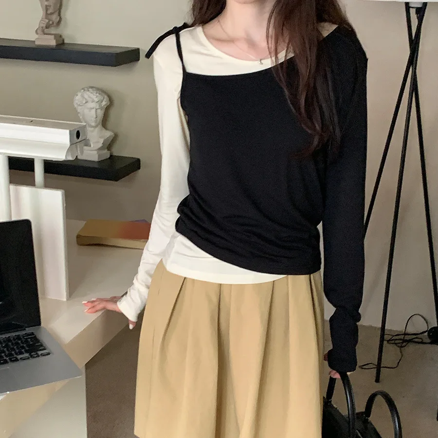 Korea Casual Color Contrasting Long Sleeve T-shirt Two-piece Tee Set For Women Autumn 2024