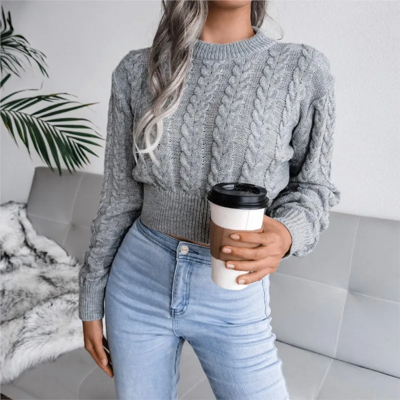 Autumn and Winter 2024 Fashion New Fried Dough Twists Waist Closing Knit Umbilical Exposed Solid Sweater Women's Wear