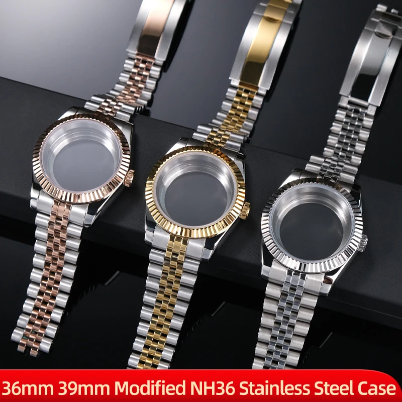 36mm 39mm Modified NH36 Stainless Steel Case Complete For Rolex Journal Dog Tooth Ring Set of Sapphire Glass Bezel Watchband