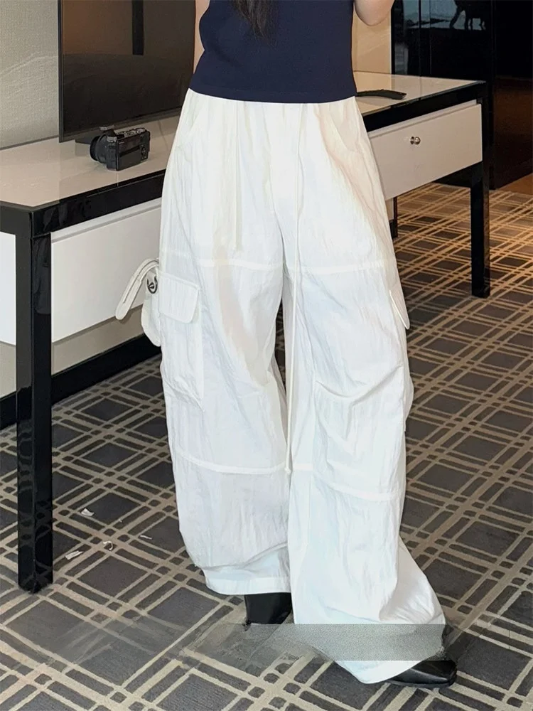 

High Waist Loose Fit Linen Work Trousers Women Summer Slimming Paratrooper Wide Leg Pants Casual Pure Color Pocket Detail