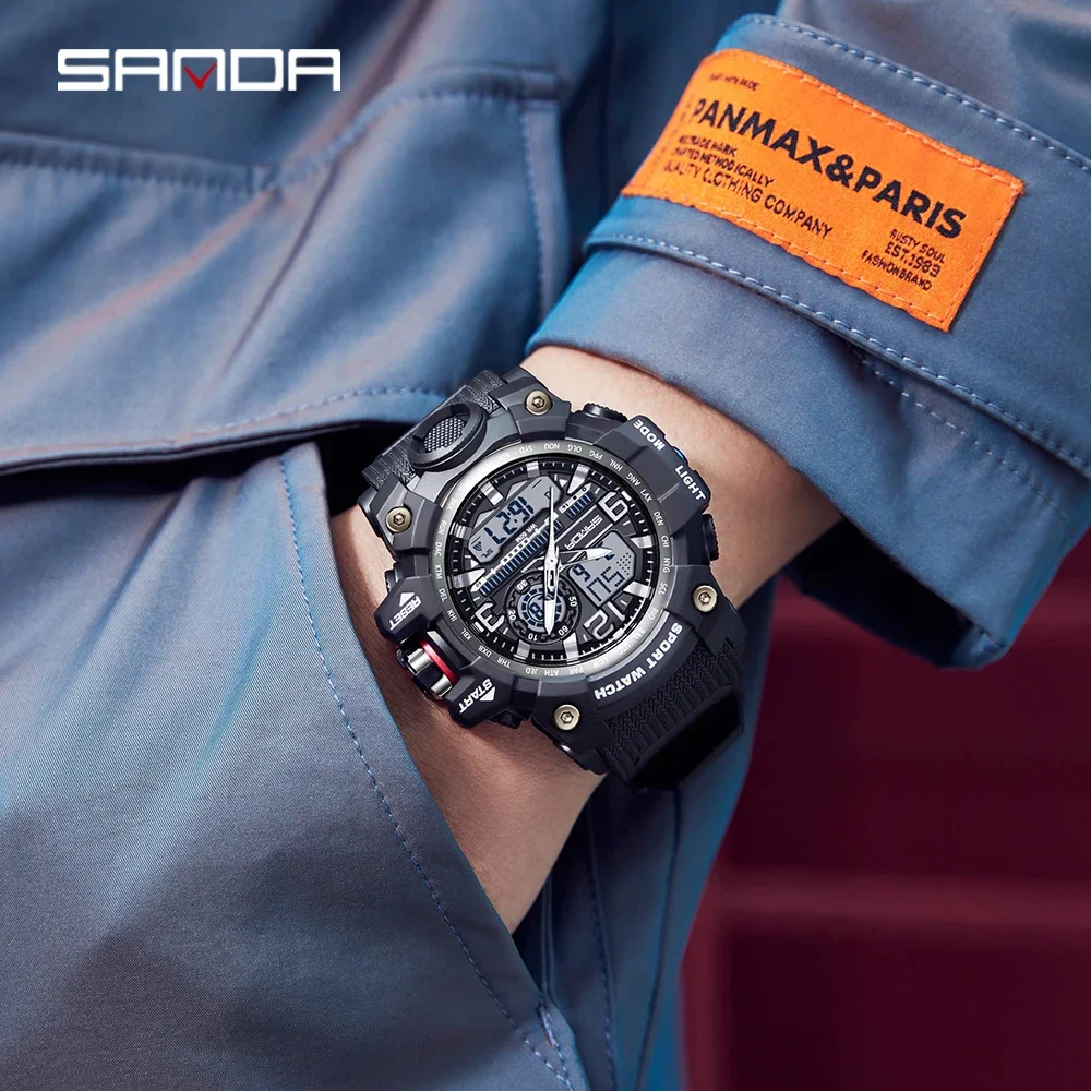 SANDA 3133 Waterproof Week Day Display Digital Analog Watch Alarm Mode Teenager Student Electronic Wrist Clock Trendy Fashion