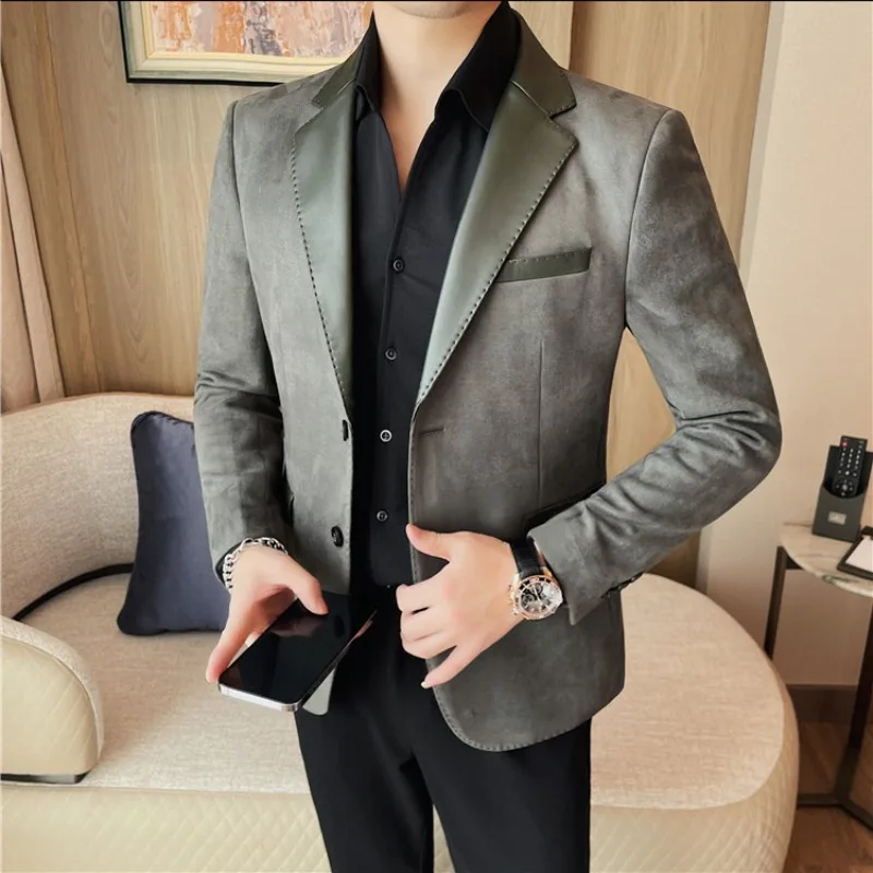 High-quality PU Patchwork Suede Men\'s Blazers Brand Solid Color Slim Fit Casual Business Dress Coats Social Banquet Men Clothing