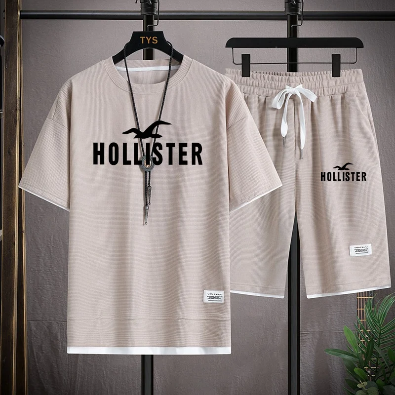 Новинка лета 2024, модный костюм из футболки с коротким рукавом Hollister, мужской повседневный свободный удобный высококачественный комплект из