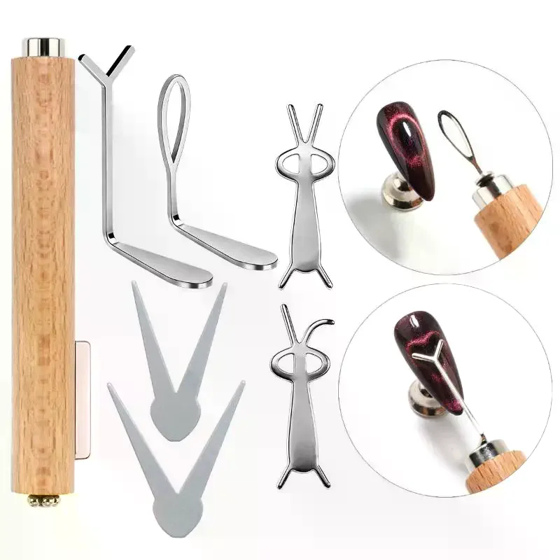 7Pcs Nail Art Magnetic Stick Cat Eye Magnetic Ball Wooden Handle Cylindrical UV Gel Magnet Tools Double End Nail Design Tools