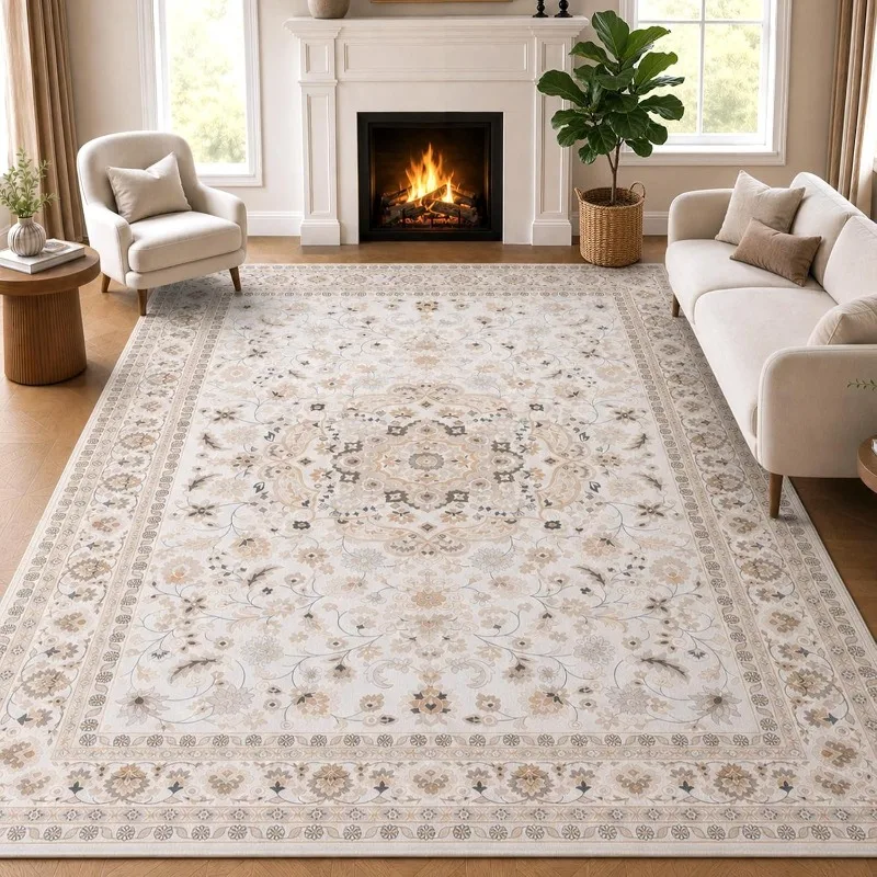 Vintage Persian Cream Style Large Rug Distressed Floral Carpet for Living Room Sofa Non-Slip Machine Washable Bedroom Floor Mat