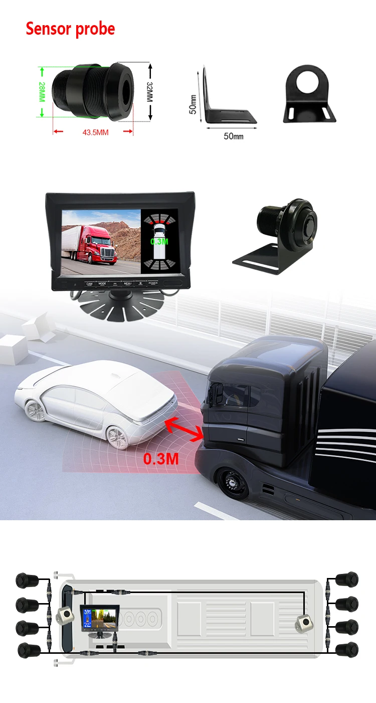 2026 Truck 24V Parking Assist Blind Spot Rear Forklift Reversing Smart Kit Front Camera Waterproof AHD Sensors Night Vision