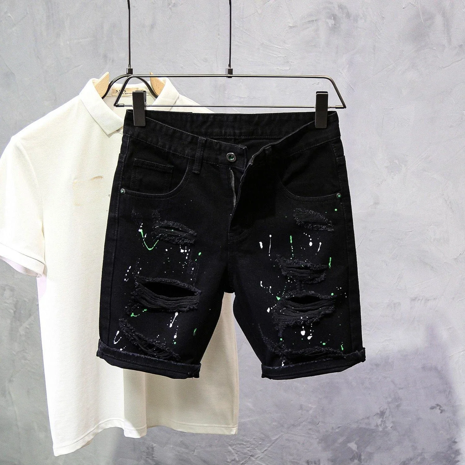 

Summer New Fashion Men's Black Splashed Ink Skinny Jeans Shorts Thin Hole Patched Slim Knee Length Denim Shorts Male Streetwear