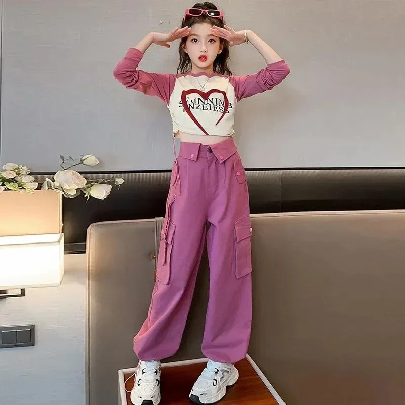 2023 autumn winter Kids tracksuit Children set Girls Clothes T-Shirt + straight wide leg Cargo Pants Teenager 6 7 10 11 12 year