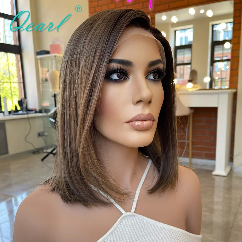 Qearl Cabelo-Straight Lace Frontal Perucas, Natural Chocolate Brown Destaques, Bob Peruca, Peruca de Cabelo Humano, Cabelo Virgem, 13x4, Venda, HD