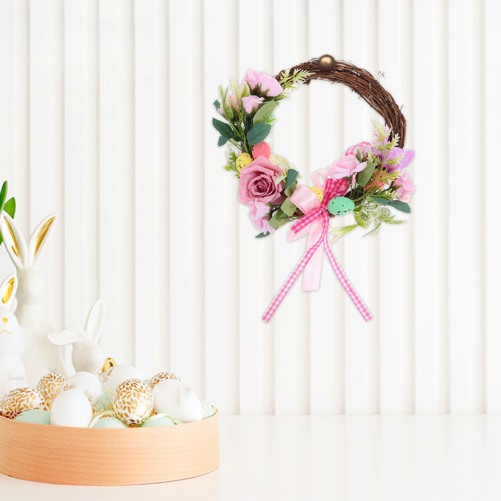 

Easter Wreath Front Door Artificial Spring Wreath Floral Garland with Lifelike Simulation Eggs Hanging Decoration for Home Party