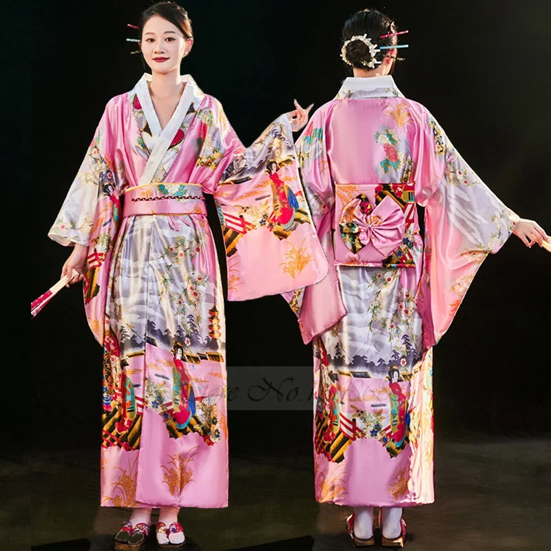 

Japanese Traditional Kimono with Obi Yukata Print Flower Pajamas Women Silk Oversized Bathrobe Dress Vintage Stage Show Costume