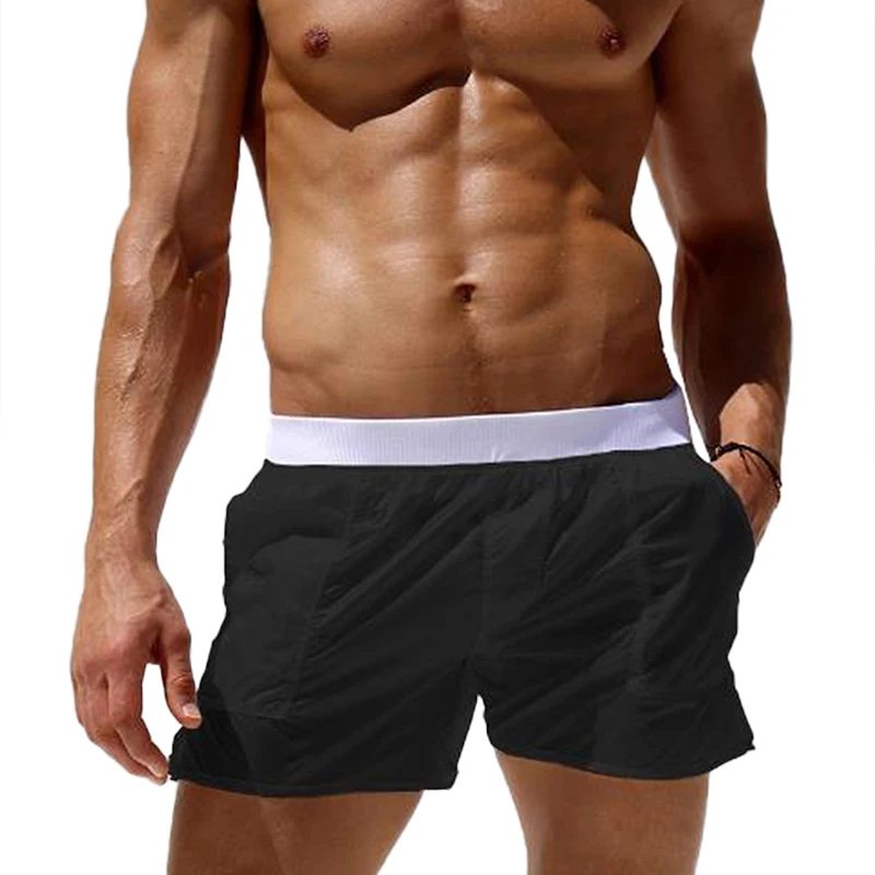 Calção de banho com elástico sólido masculino, shorts de praia transponíveis, maiô de cintura baixa com bolsos, roupa de banho secagem rápida, verão