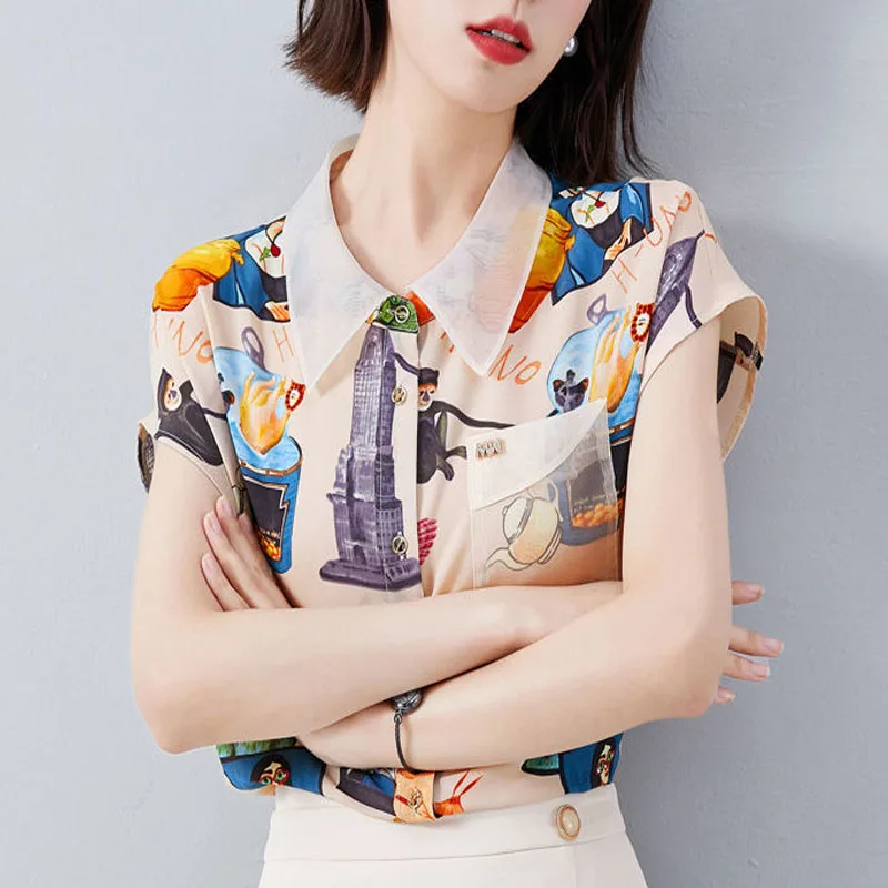 Woman\'s Cartoon Printed Button Blouses Summer New Fashion Female Clothing Short Sleeve Casual Polo-Neck Patchwork Chiffon Shirt