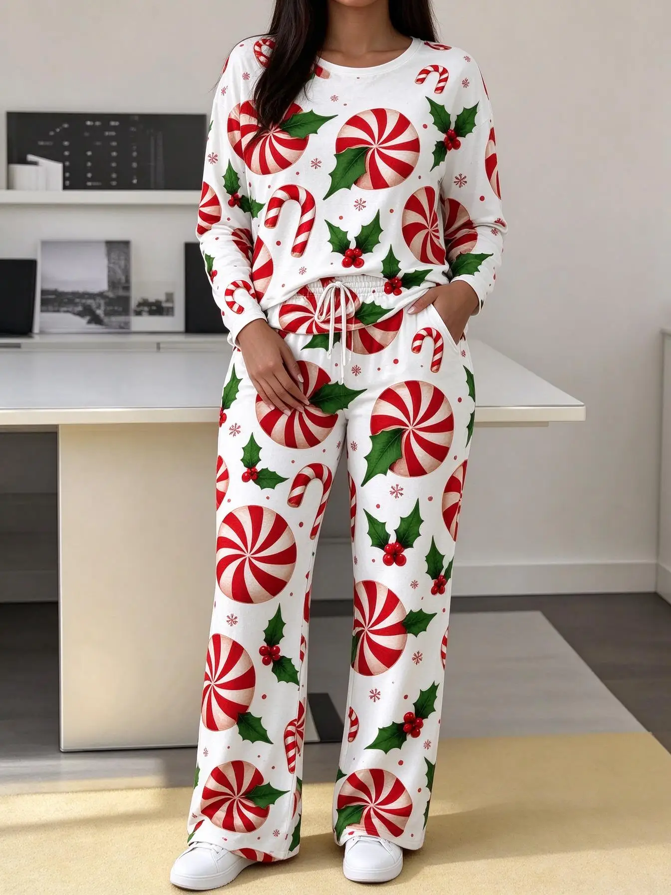 Women Imitation Cotton Loungewear Set Christmas Red White Swirl Candy Holly Leaf All Over Print Long Sleeve Pajamas