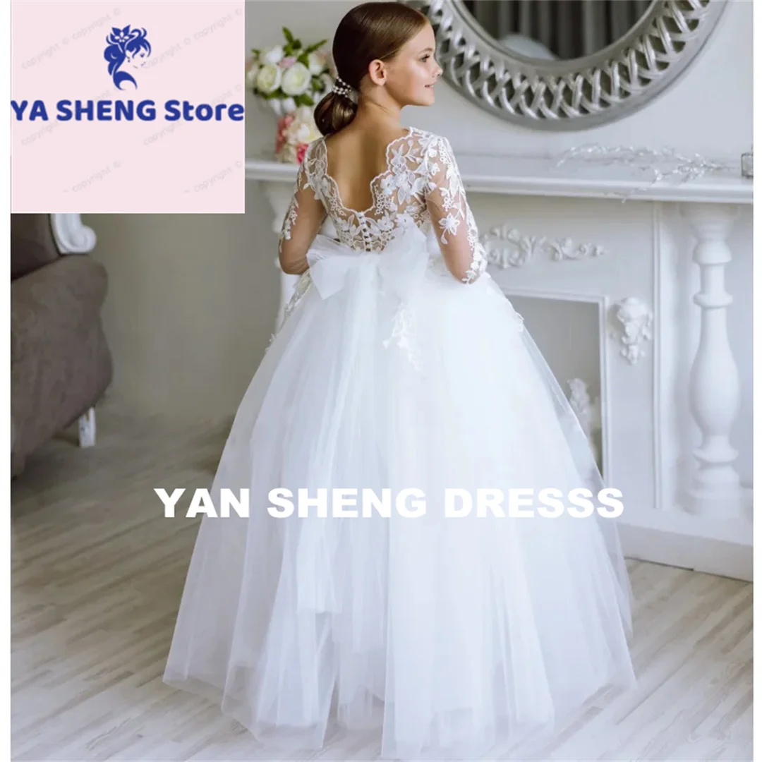

Customized Flower Girl Dresses White Tulle Lace Appliques With Bow Long Sleeve For Wedding Birthday Party First Communion Gowns