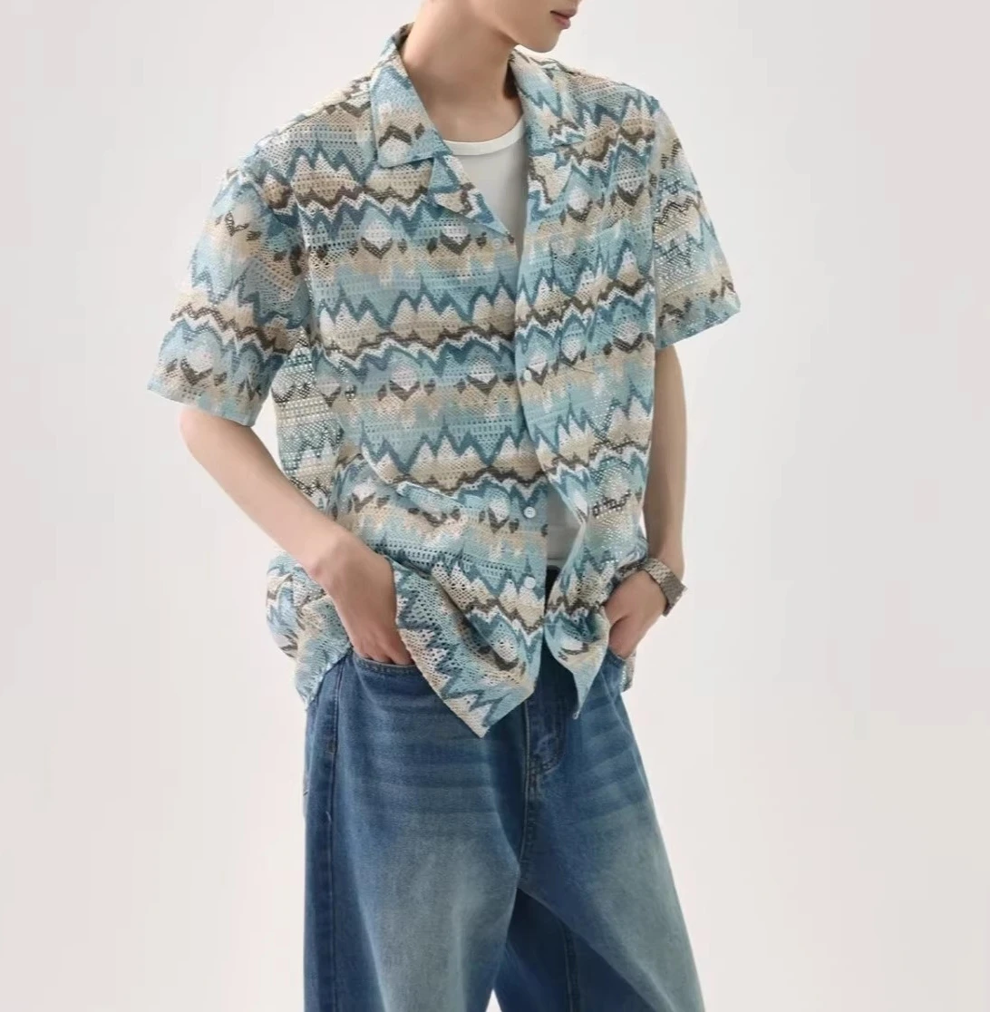 

Cuban Collar Hollow Short-sleeved Shirt Men's 2026 Summer Beach Vacation Wind Colorful Floral Shirt