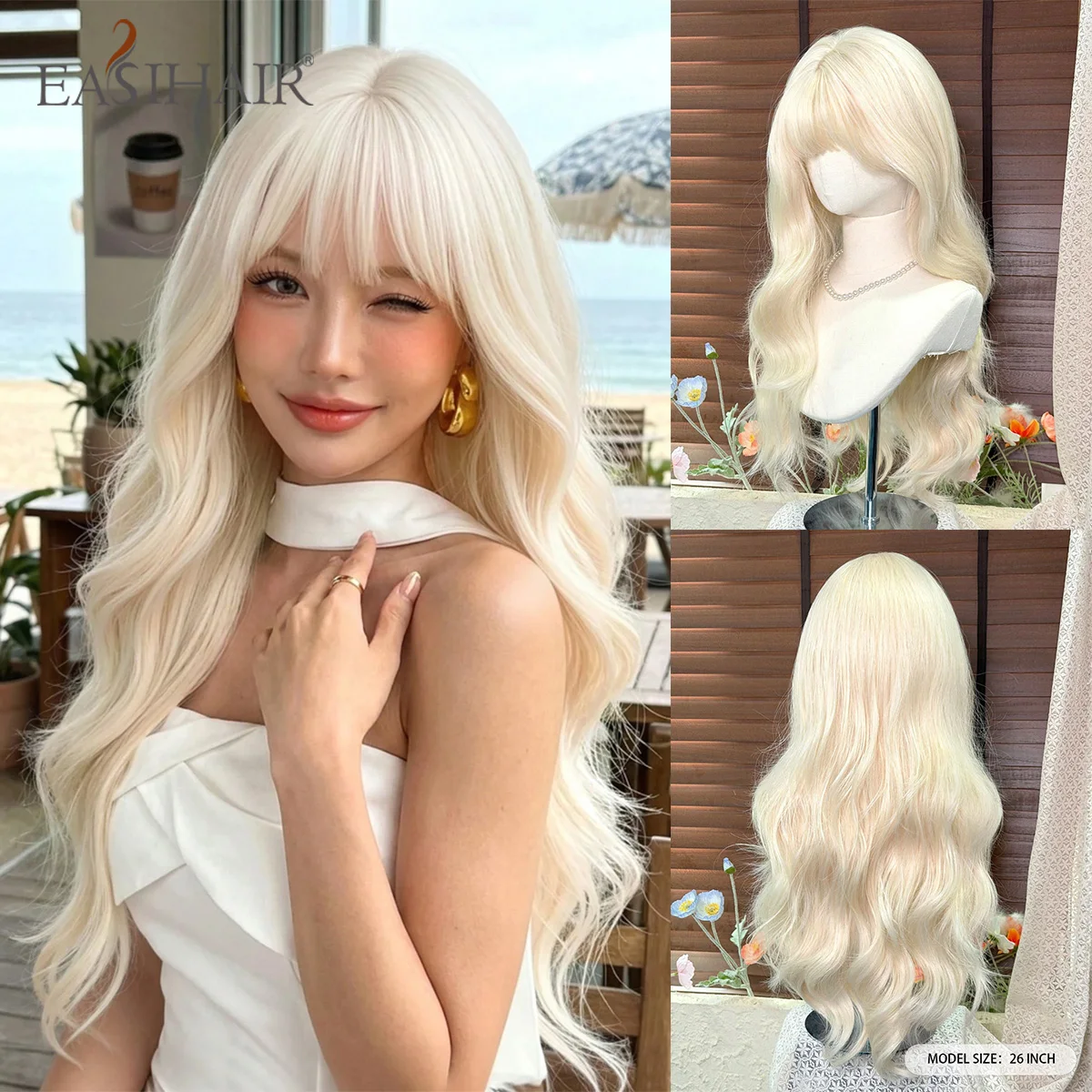 EASIHAIR Long Wavy Curly Synthetic Wig With Bangs 26 Inch Blonde Wigs For Women Heat Resistant Cosplay Party Wig Daily Use