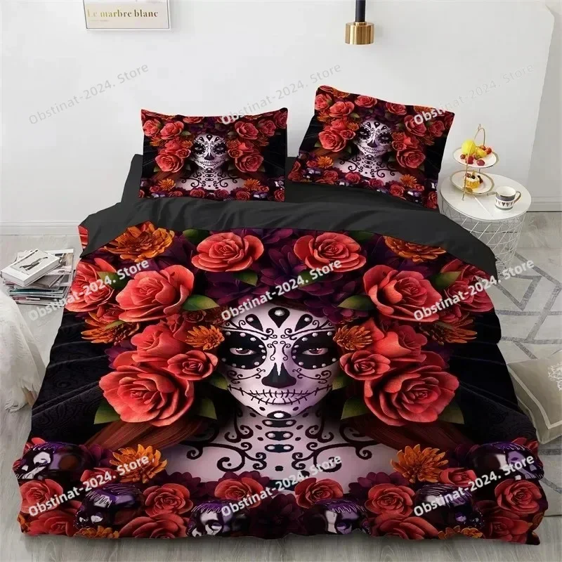Top Skull Girl Day Dead Bride Dark Color Roses Print Bed Set Duvet Cover Pillowcase Bedding Set Bed Linen Sheet Quilt Cover size