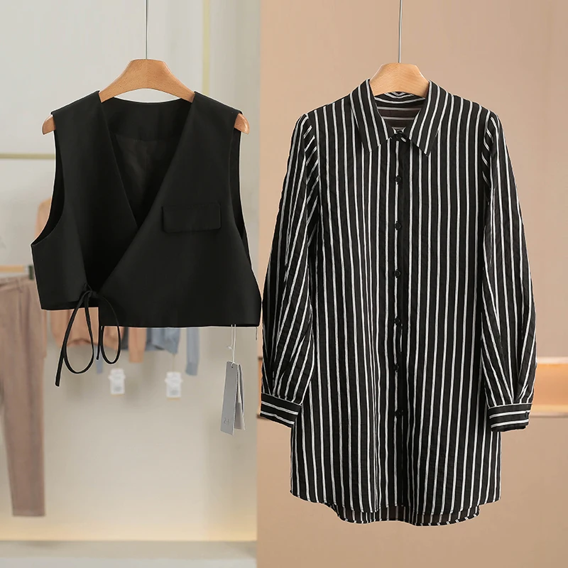 

Pure Color Striped Shirt Vest Two-Piece Set Mid-Length Spring New Women's Fashion Clothing Long Sleeve Button-Up XKING