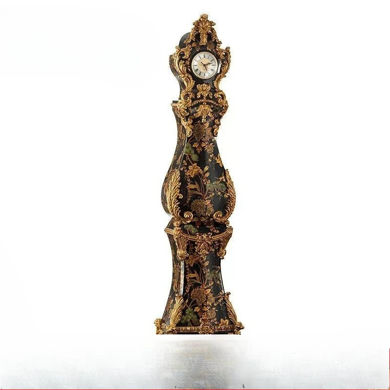 Heavy industry carving retro brown, villa living room decoration luxury, flower shadow series floor clock