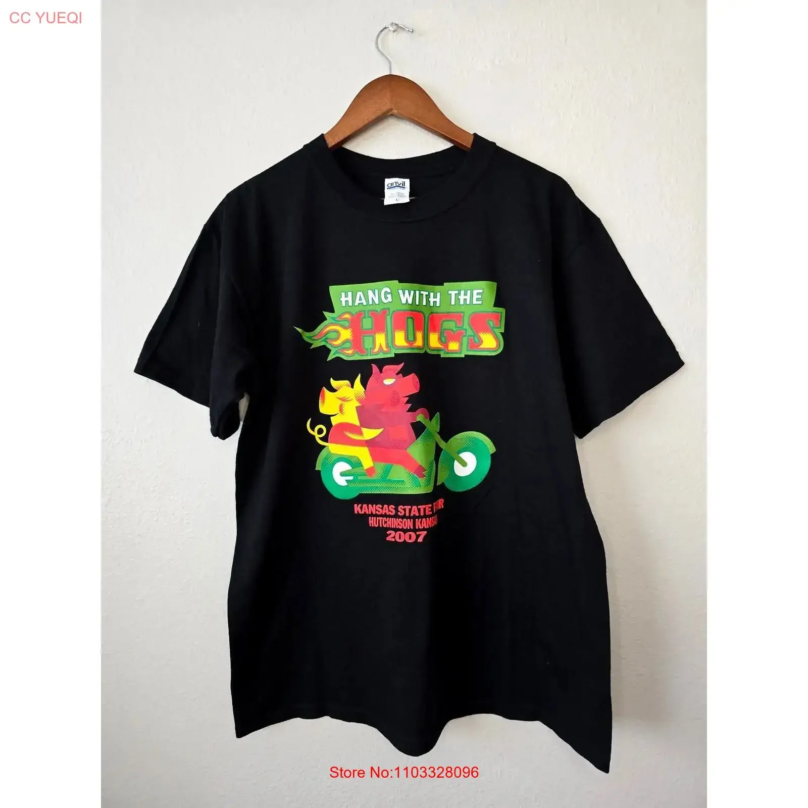Camiseta vintage de la Feria del Estado de Kansas 2007, diseño 'Hang With The Hogs' Hutchinson, talla grande, para hombre, estilo motociclista, lavada, informal, ligeramente suave, con gráfico.