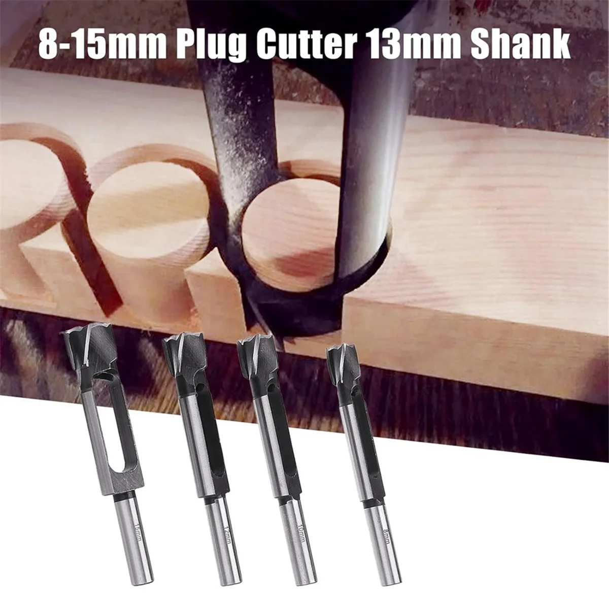 

QA06R 4 PCS 8/10/12/15mm Wood Dowel Plug Cutter with 13mm Shank, Tenon Dowel Cutting Tools Woodworking Drill Bit