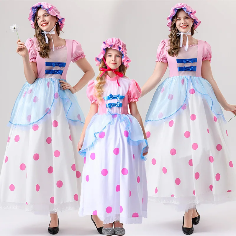 

Шесть один Хэллоуин дети и взрослые овчарка COS костюм персонажа «История игрушек» розовое длинное платье в горошек