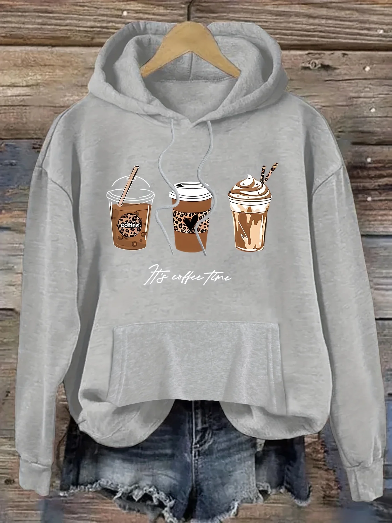 Women's Casual Fashion Hoodie with Coffee Print - Cozy Polyester, Drawstring, Pockets |   Machine Washable |   Perfect for Spring/Fall