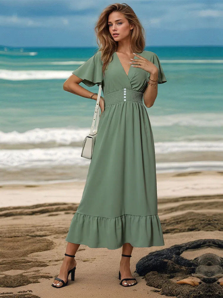 Summer dress waist tied casual vacation short sleeved pleated classic vacation Short level V-neck Green Dresses 2024