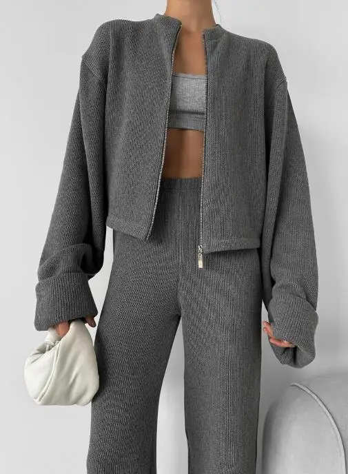 

Женский комплект из двух предметов, весна-осень 2024, новый однотонный комплект с круглым вырезом, вязаная куртка на молнии с длинными рукавами и широкие брюки