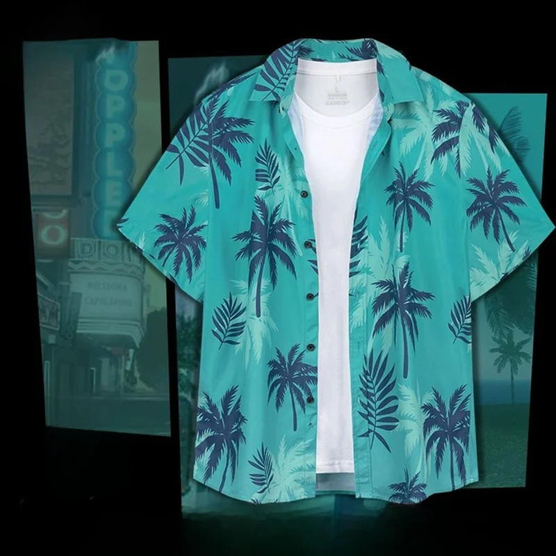Cuban Collar Short Sleeve Hawaii Print Shirt Men's Casual Loose Fit Spring Summer Fashion Streetwear Thin Outerwear Jacket