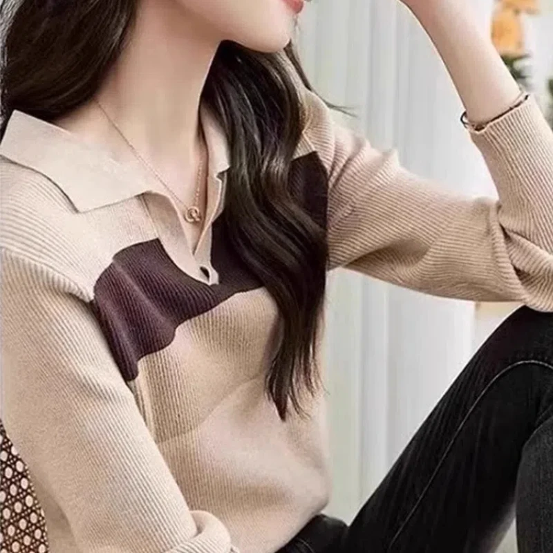 Autumn Winter Fashion POLO Collar Long Sleeve Patchwork Color Blocking Pullovers Women\'s Clothing Loose Korean Bottoming Shirts