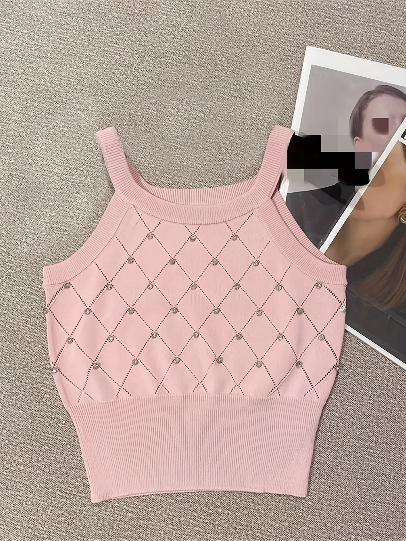 Solid Rhinestone Eyelet Spaghetti Top Casual Crew Neck Sleeveless Knitted Cami Top For Spring Summer Women\'s Clothing Crop Top