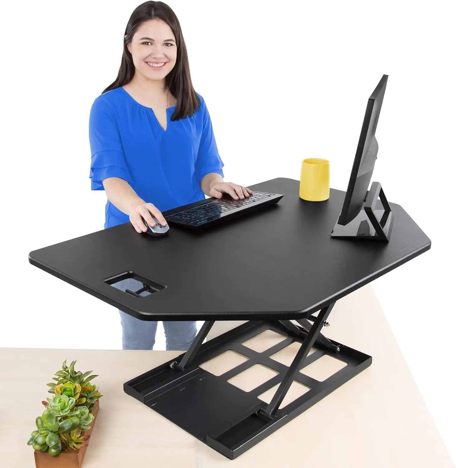 Premier Corner Standing Height Adjustable Desk Converter w Monitor Lift For Cubicles and L-Shaped Desks, Extra Large 40Inch Wide