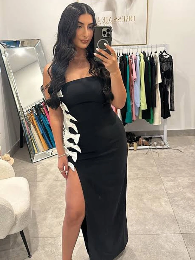 Eleganti abiti da sera neri senza spalline con dettaglio fiocco bianco – Abito da festa di lusso con spacco alto per donna