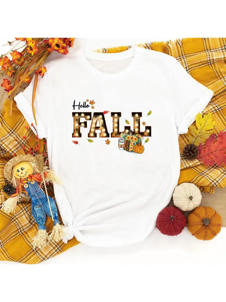 

Hello Fall Thanksgiving Shirt Fall Graphic Tee Clothing Fashion Retro Autumn T Shirt Pumpkin Spice Shirts Trick or Treat Costume