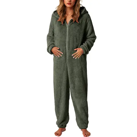 Casual Plush Romper Women Cute Ear Furry Fleece Zipper Open Loose Overalls Pajamas One Piece Sleepwear Home Clothes For Women