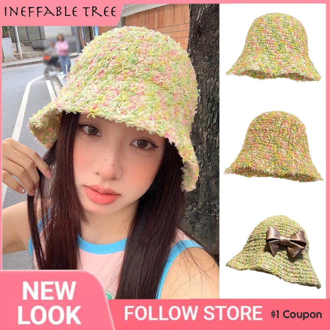 

INS Summer Colorful Bow Straw Hats for Women Anti-UV Straw Weaving Sunshade Sunscreen Bucket Holiday Beach Sun Caps Sombrero