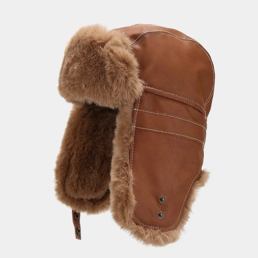 New Faux Fur Lining Trapper Hat Warm Waterproof Earflap Hat Fastening Chin Strap Bomber Hat Winter Outdoor Wear
